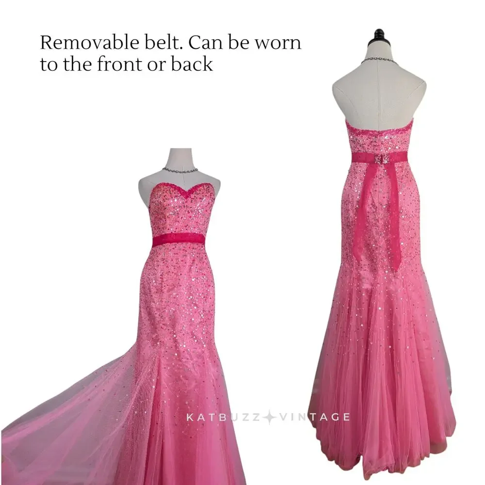 Mermaid Prom Dress Maxi Gown 4 Pink Vintage Y2K Sequin Strapless Coquette Girly - Picture 4 of 11